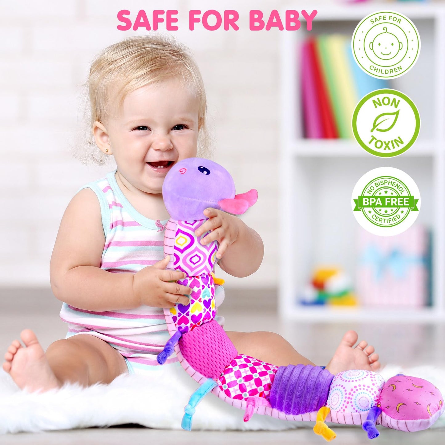 Baby Infant Musical Stuffed Animal Soft Toy with Multi-Sensory Crinkle, Rattle & Textures,Baby Girl Toy Birthday Gift for 0 3 6 9 12 Months+,Caterpillar,Purple