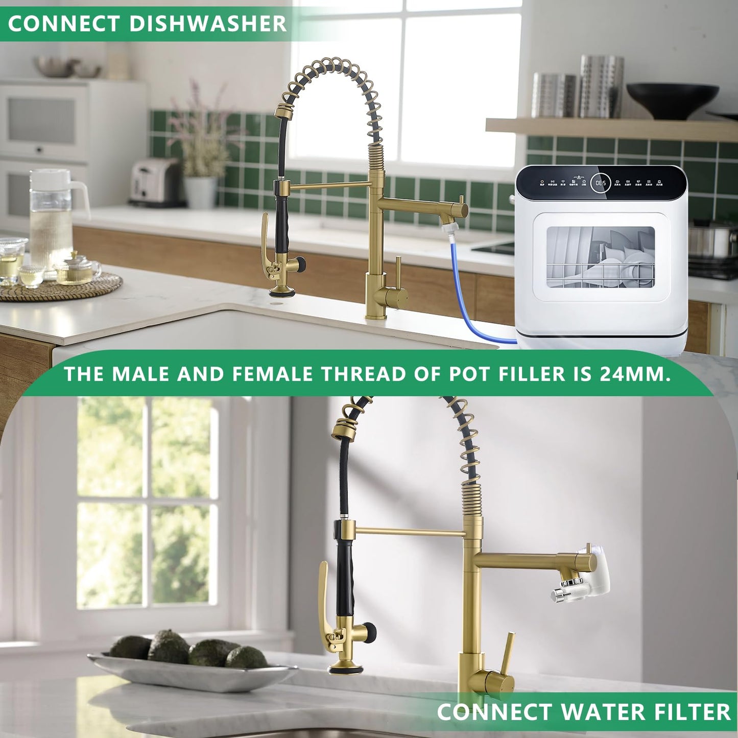 Brushed Gold Kitchen Faucet with Pull Down Sprayer, Commercial Brass Kitchen Faucet Single Handle Spring Faucets for Kitchen Sink Fapully