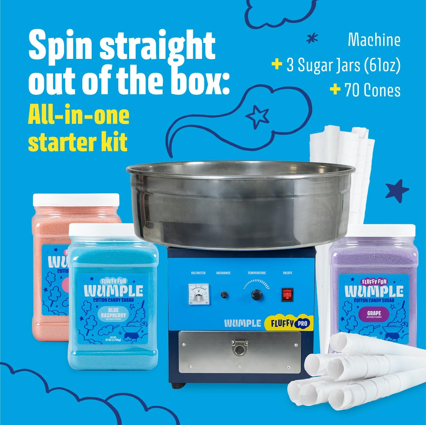 Wumple - Cotton Candy Machine Pro Bundle, Large Stainless Steel Bowl & Drawer, Includes 3 Flavored Sugars and 70 Cones for Parties and Business (Blue)