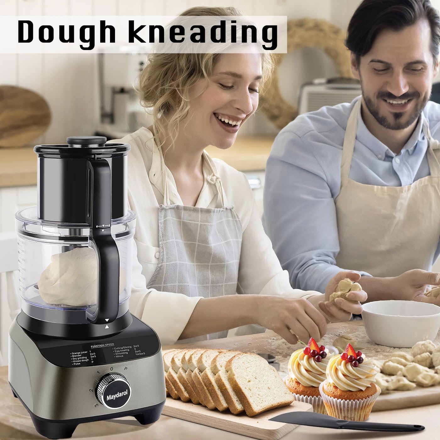 Maydarol 14 Cup Food Processor, French-Fry-Cutter, Blending, Mixing, Shredding, and Slicing, Meat and Vegetable Chopping, Doughing for Home Use, Mincing, and Pureeing,4 Speeds,600W