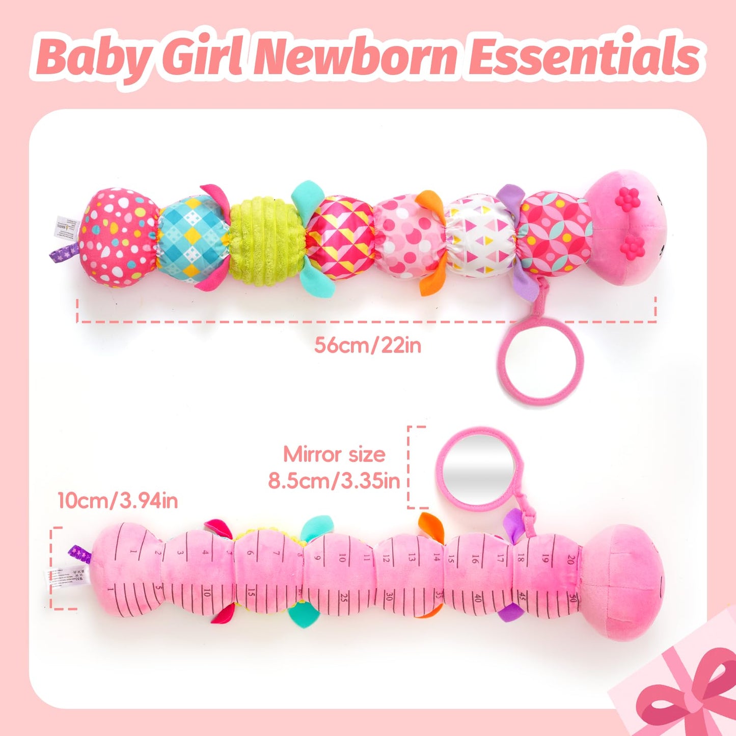Baby Toys 0-6 Months, Musical Caterpillar Plush Toy with Rattles,Crinkle Sound, Mirror, Newborn Sensory Toys for Infants Developmental Stuffed Animal with Tummy Time for Boys Girls 6-12 Month (Pink)