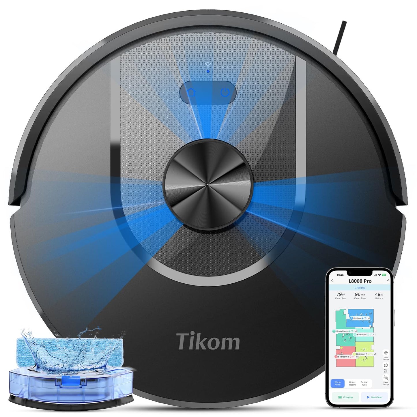 Tikom Robot Vacuum and Mop Combo, 6000Pa Automatic Robotic Vacuum Cleaner, Smart Mapping, 150 Min Max, Ideal for Pet Hair, Hardfloors, Carpets, Home(L8000 Pro)