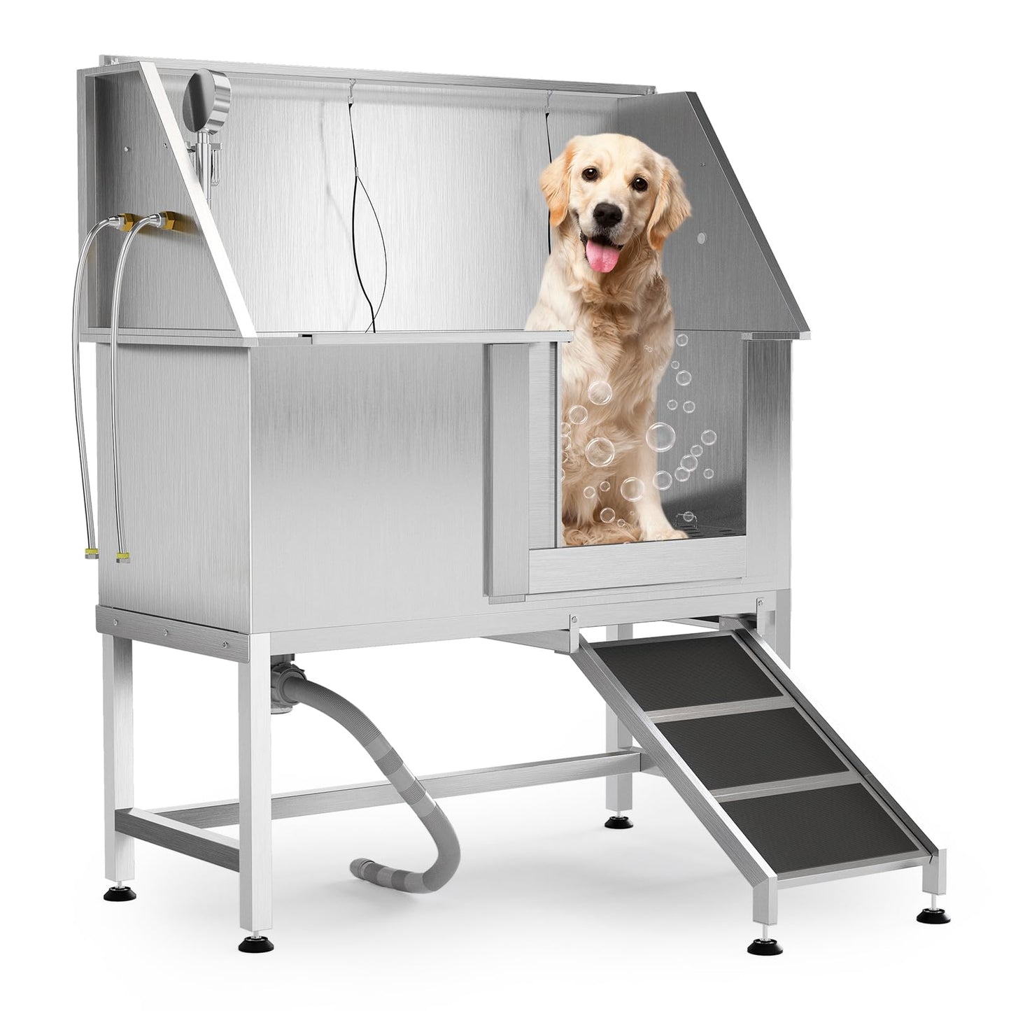 PeacefulHues 50 Inch Dog Washing Station, Stainless Steel Dog Bathtub with Left Ramps, Pet Dog Bathing Station with Floor Grate, Professional Dog Grooming Tub for Large, Medium, Small Pets