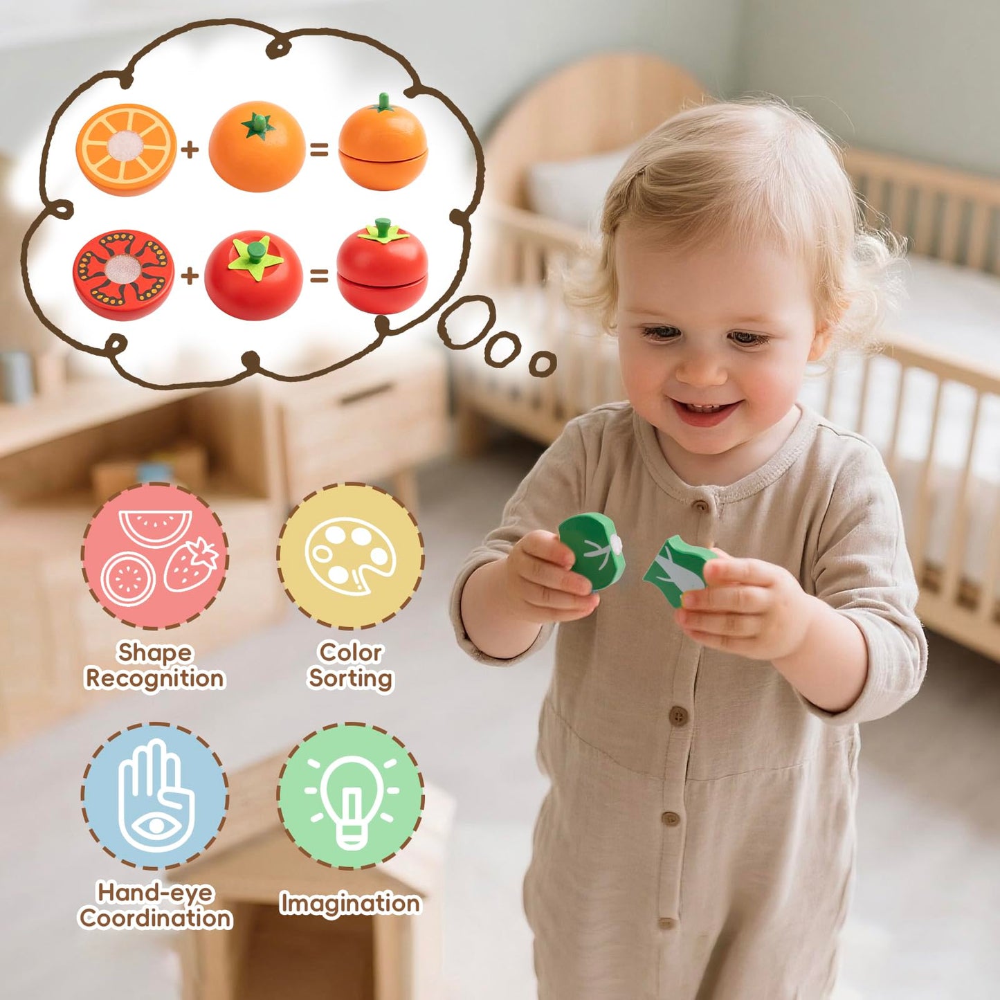 KDSFT Wooden Play Food for Toddlers - 34Pcs Velcro Fruit and Veggies with Basket & Chopping Board, Play Food Sets for Kids Kitchen Accessories, Cutting Fruit Set for Ages 3+
