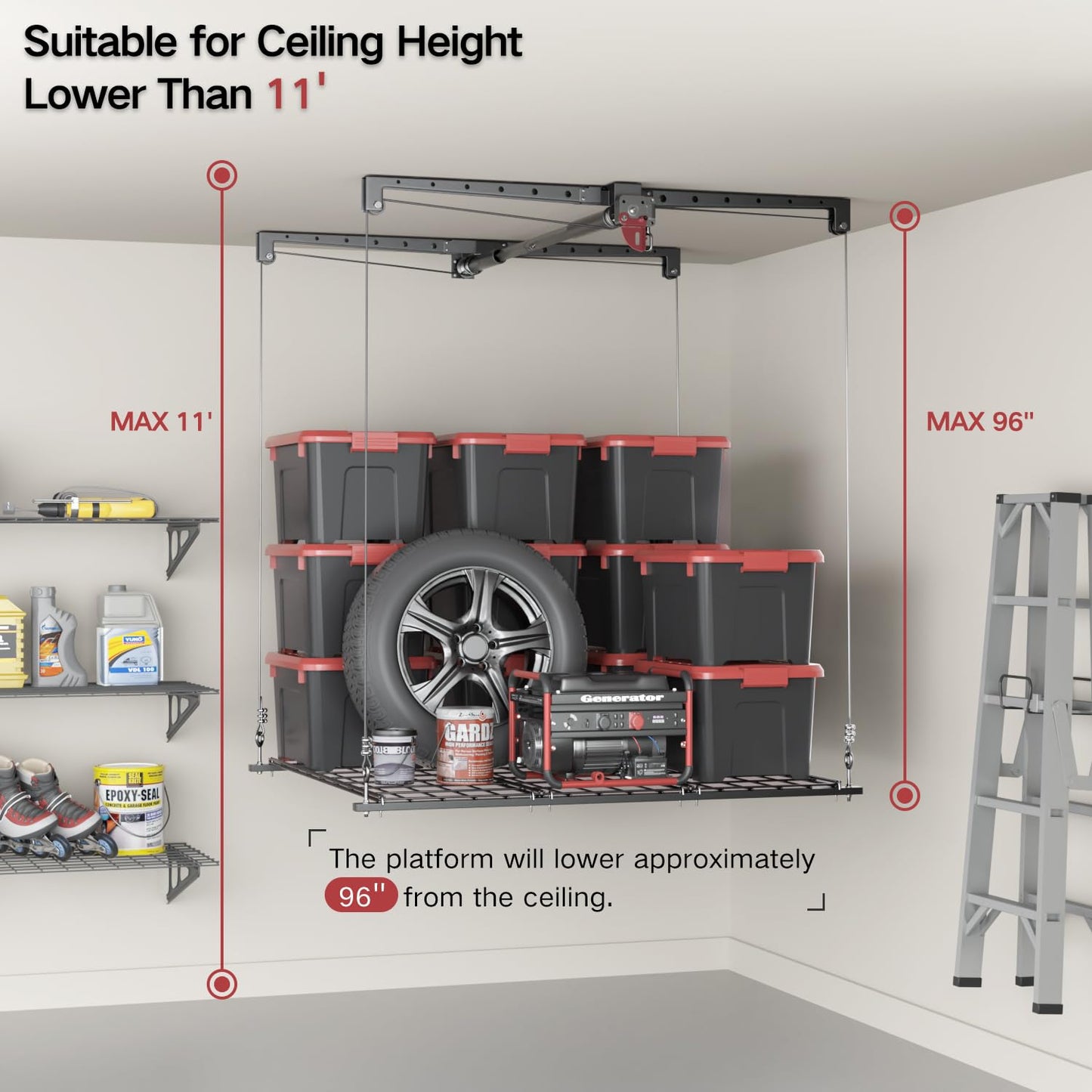 KOKORACKER Overhead Garage Storage Lift, Heavy-duty 4x4 Ft Garage Ceiling Storage Racks with Safety Lock, Ideal for Ceiling Storage Lifting Organization System, 250lbs Capacity