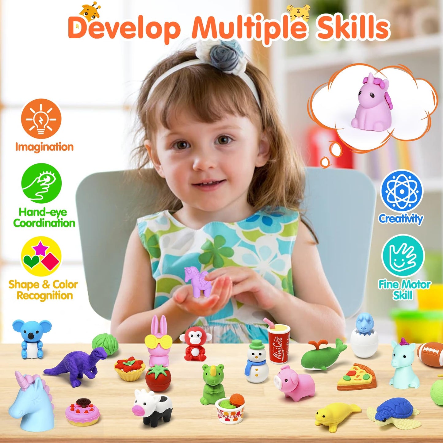 Moosia 120 Pack Animal Pencil Erasers for Kids, 3D Mini Puzzle Take Apart Erasers, Desk Pets & Treasure Box Toys, Bulk Party Favors, Classroom Prizes, School Supplies, Gift for Boys & Girls