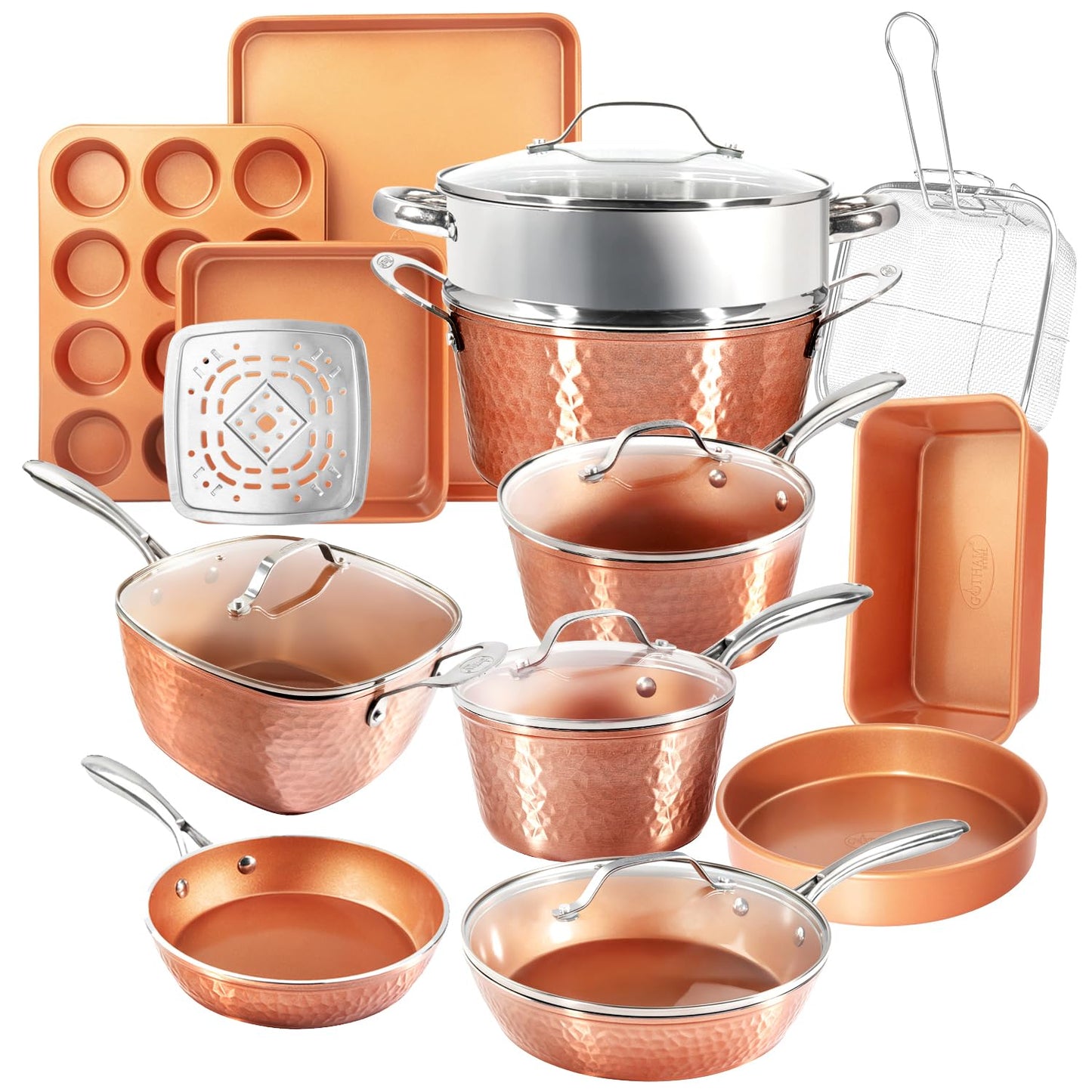 Gotham Steel Hammered 24 Pc Ceramic Cookware Set Nonstick, Induction Ceramic Pots and Pans Set Non Stick with Deep Square Pan Set & Bakeware Set, Non Toxic PFOA PFOS Free, Oven & Dishwasher Safe