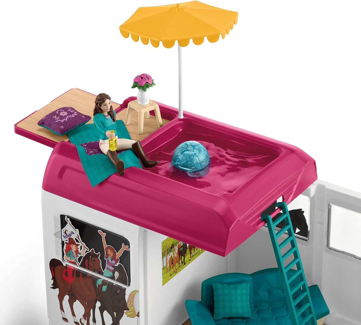 Schleich Horse Club - 227PC Lisa Transporter Playset – Horse Toy Trailer Set with Family, 3 Horses, Dog, Grooming Station & Rooftop Pool for Real Water Play – Realistic Toys for Kids Ages 5+ | 42619