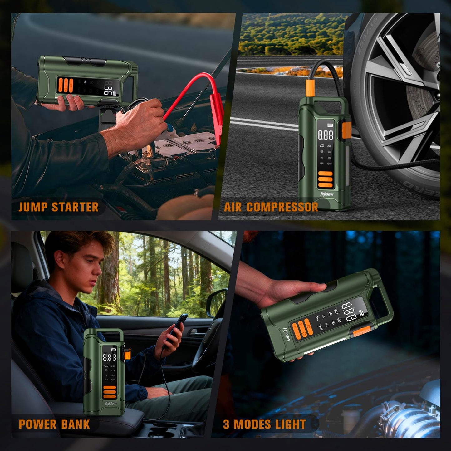 Jump Starter with Air Compressor,5000A Car Battery Jumper Starter, 16000mAh Battery Jumper Starter Portable for 10L Gas/Diesel Engine with 160PSI Booster,LED Display & Light,Jumper Cables