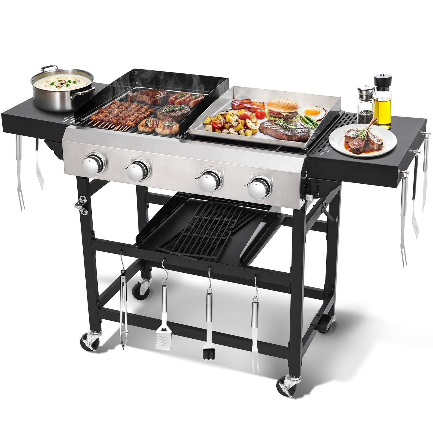 Cookit Propane Gas Grill and Griddle Combo with 40,000 BTUs, 4-Burner Stainless Steel Griddle & Cast Iron Grill Combo for Outdoor Cooking While Camping or Tailgating