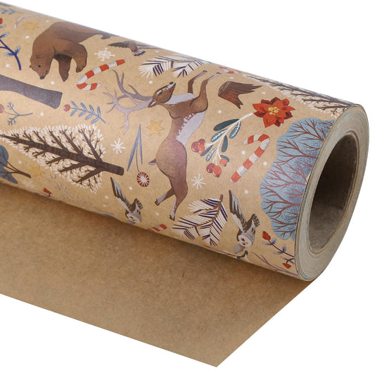 WRAPAHOLIC 30 Inch Jumbo Kraft Christmas Wrapping Paper - 30 Inch x 33 Feet - Christmas Animal Wrapping Paper and Tree Elements for Holiday, Party Celebration