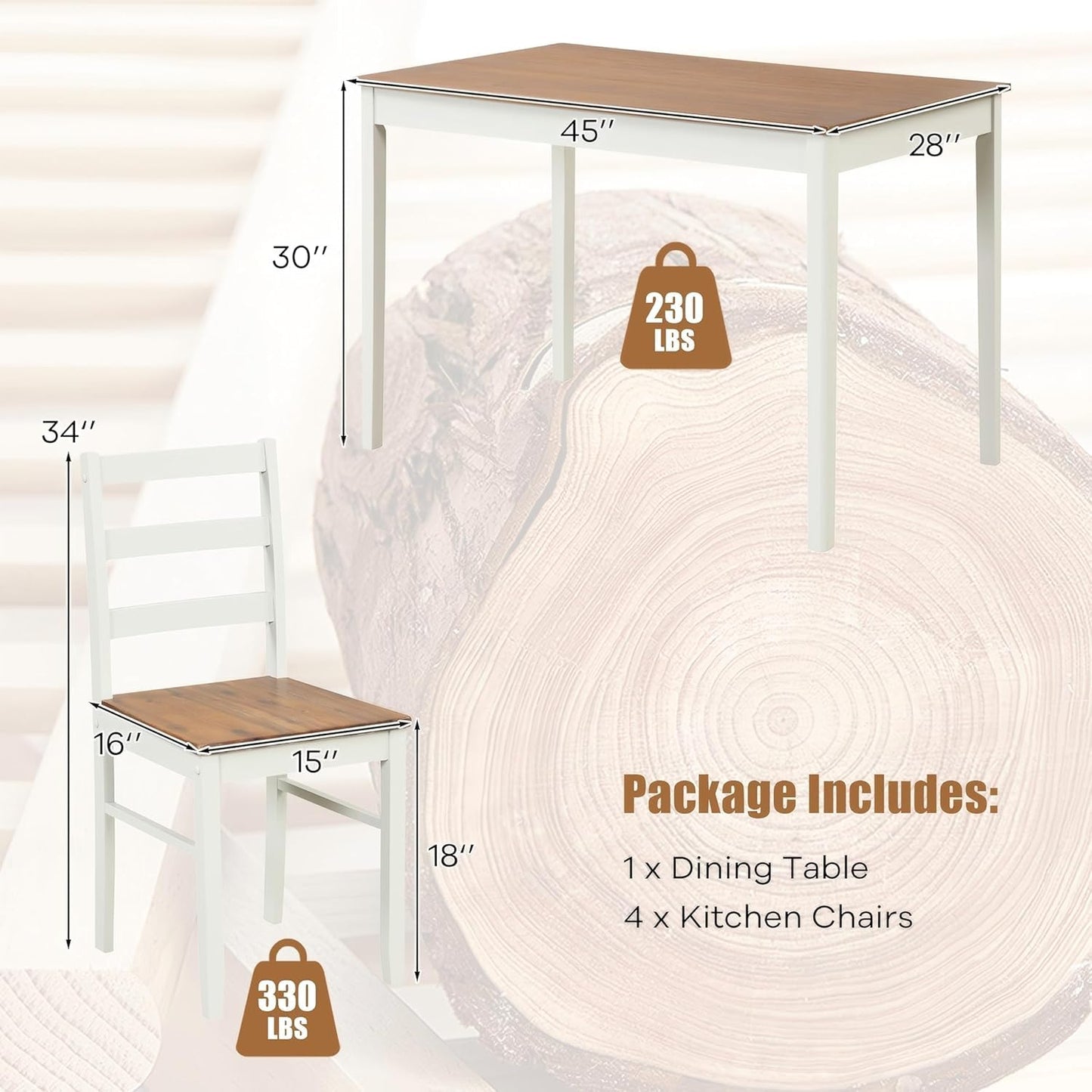 NAFORT Dining Table Set for 4, Solid Wood Kitchen Table and Chairs, Farmhouse Dinette Set w/Apron, Rubber Wood Legs, Mid-Century Modern Dining Room Table and 4 Chairs for Kitchen, Restaurant