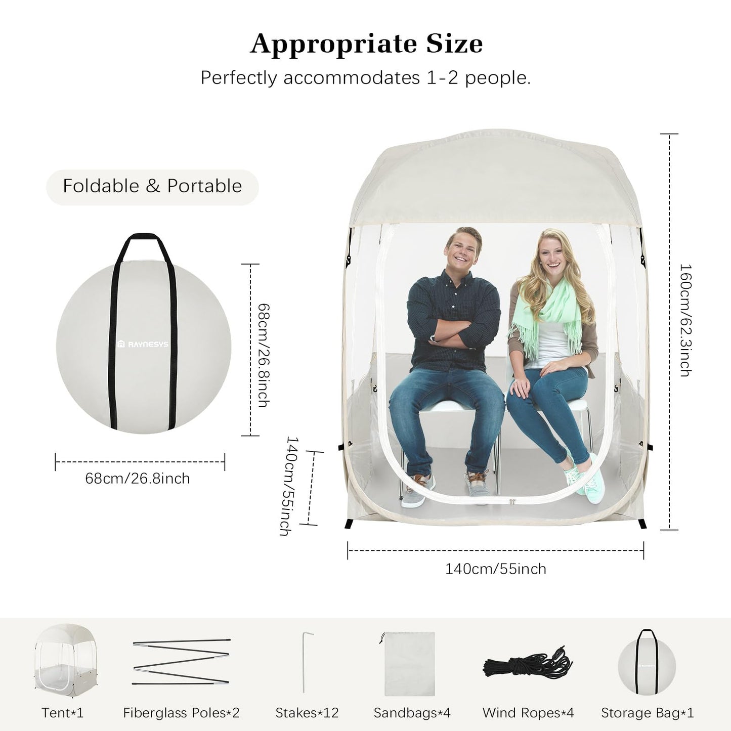 Raynesys Sports Tent for 1-2 Person, Portable & Foldable Pop Up Tents Shelter with Carry Bag, Instant Weather Proof Clear View Bubble Tent for Fishing, Camping, Watching Sports Events