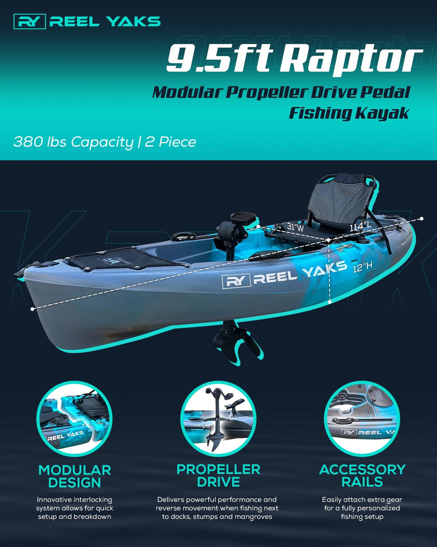 Reel Yaks Raptor Modular Fishing Kayak - Propeller Drive, 9.5ft, 380 lbs Capacity, Cyan Gray - Pedal Fishing Kayaks for Adults & Youth, Sit on Top, Compact Storage, Lightweight, Easy Transport