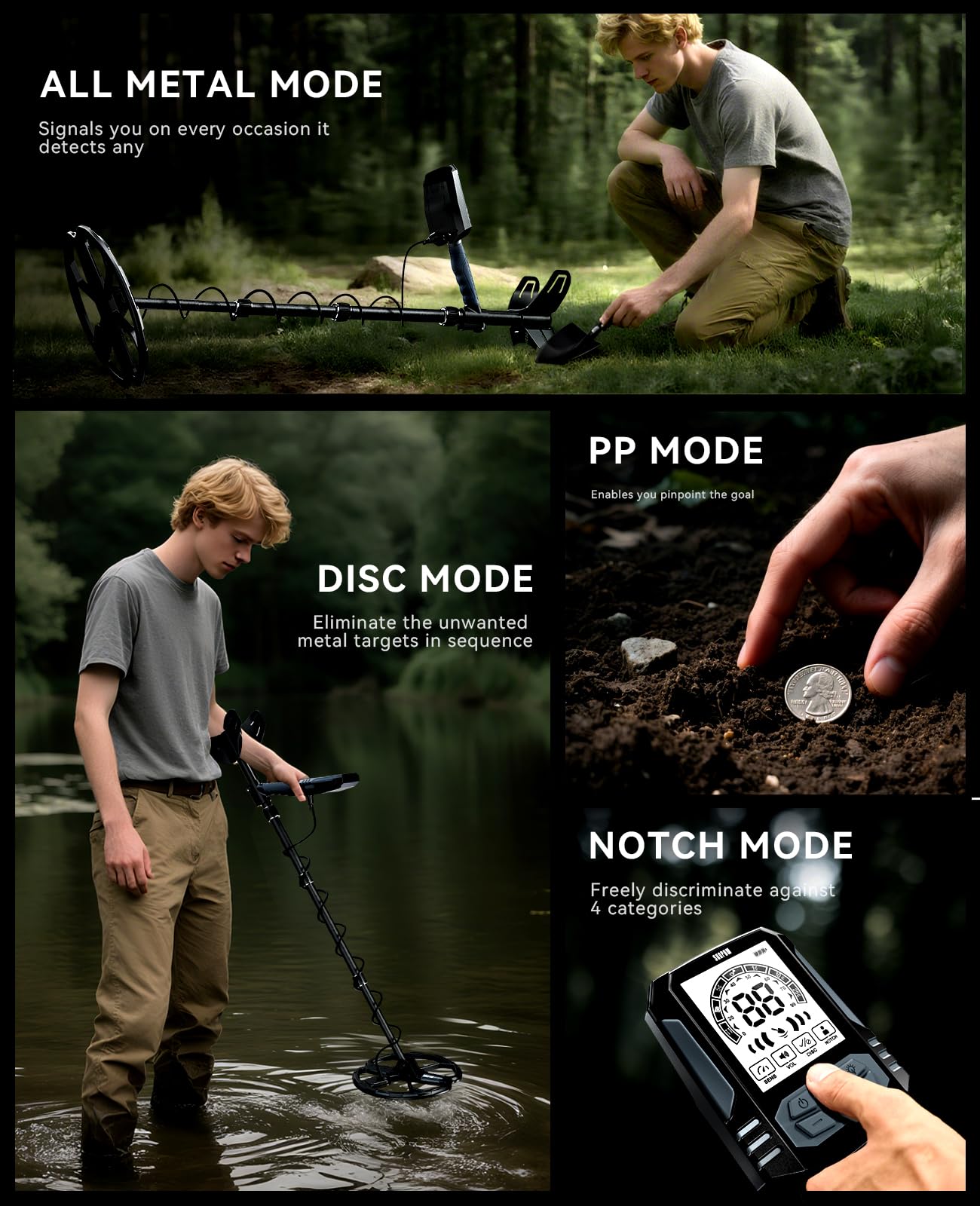 SUNPOW Rechargeable Metal Detector for Adults - 2500mah Lithium Battery for 35H Use - Waterproof Gold Detector with 10'' Deep Dual D-Coil, 4 Professional Modes, Sturdy Spiral Structure – OTMD15
