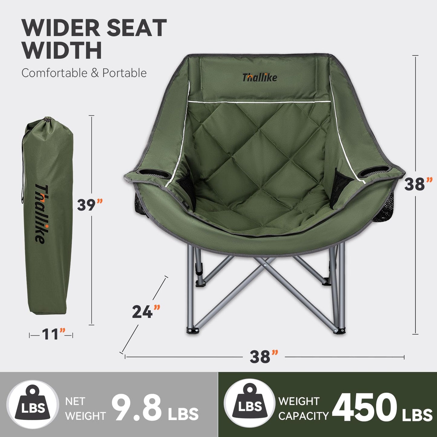 Heated Oversized Camping Chair for Adults Portable Folding Padded Chair with 3 Heat Levels Cup Holder Side Pocket and Carry Bag for Camping Outdoor Sports Picnic Green 2 Pack Set Supports up to 450lbs