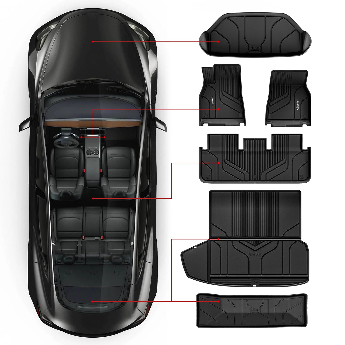 LASFIT Floor Mats & Trunk Mats for Tesla Model S 2021-2025 2026 (Include Plaid Model), All Weather TPE Custom Fit 1-3 Rows & Cargo Liners Full Set Car Mats Accessories, Black