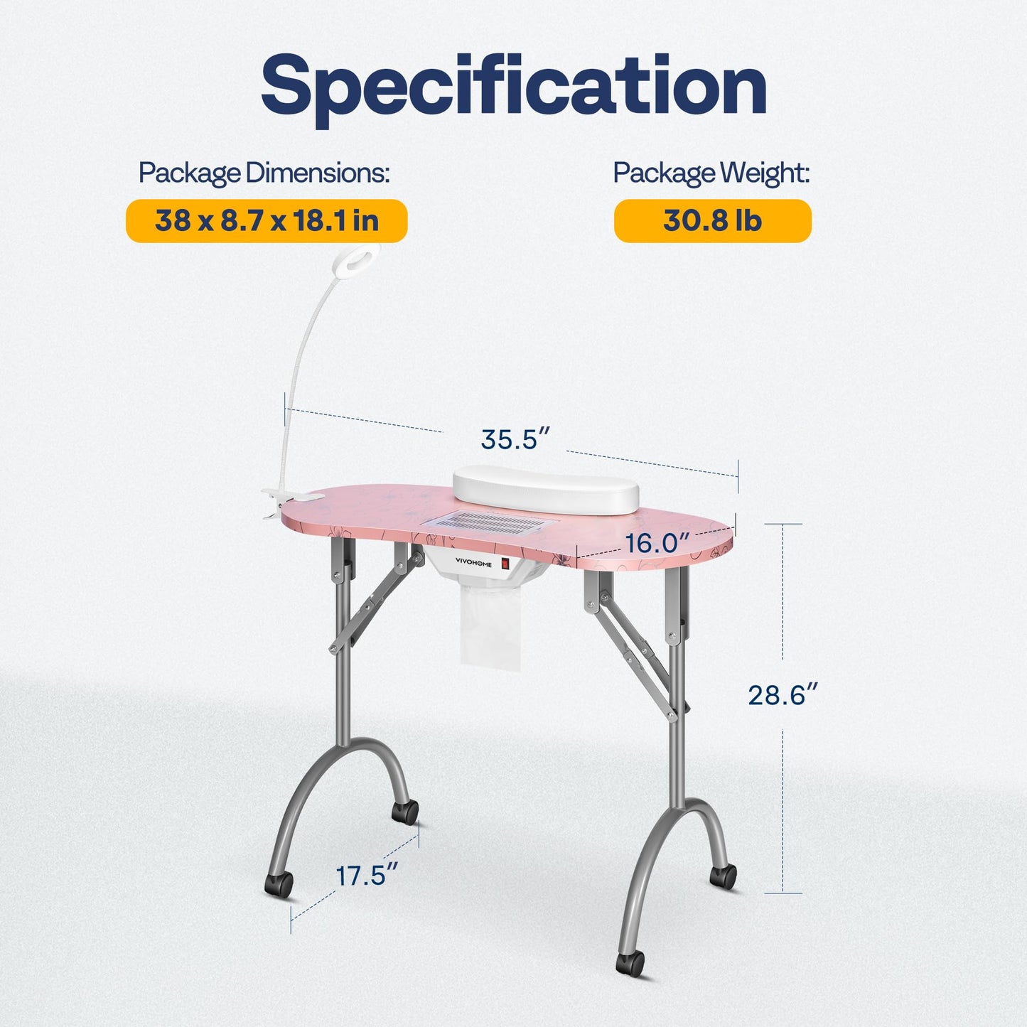 VIVOHOME Portable Manicure Nail Table on Wheels with Built-in Dust Collector, Updated USB-Plug LED Table Lamp, Carry Bag for Home Spa Beauty Salon Workstation, Pink