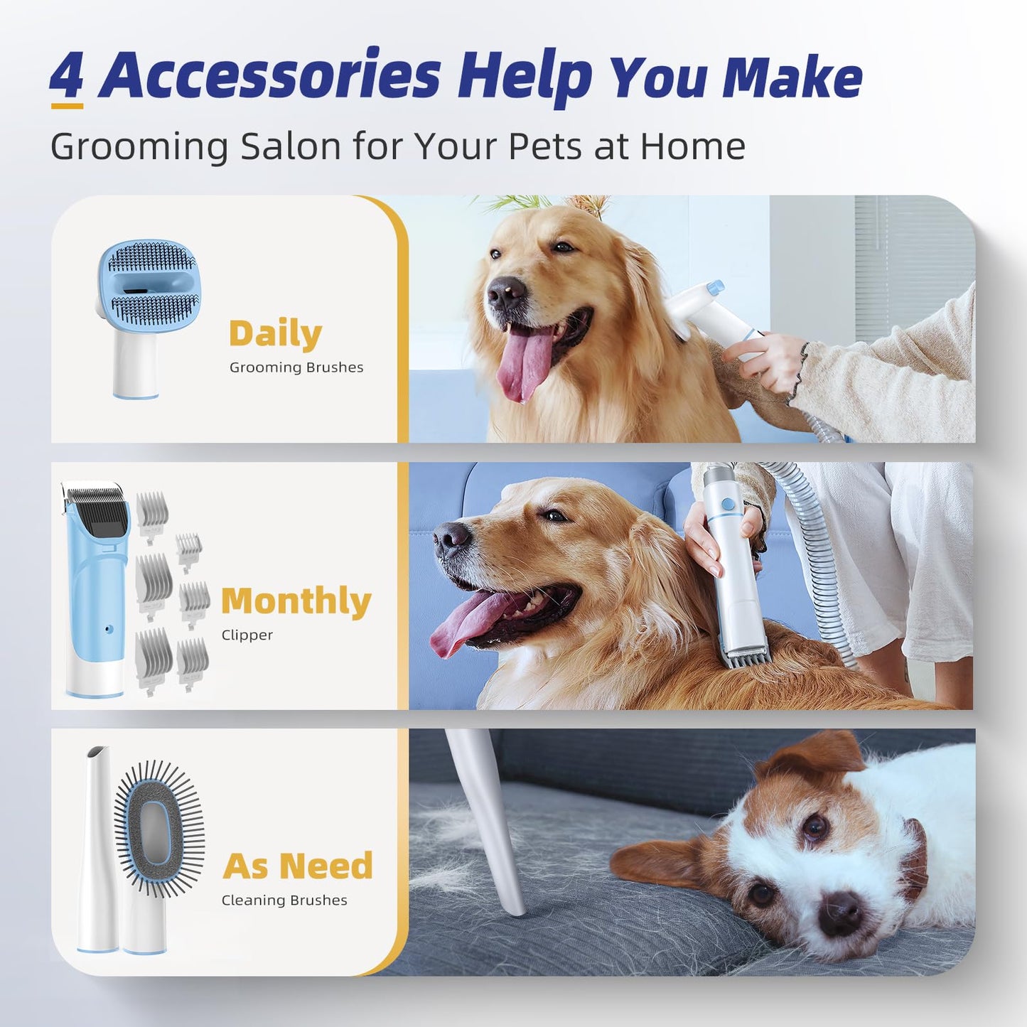 buenkee Dog Grooming Kit with Pet Grooming Vacuum, Clipper Blue with Handheld Dog Blow Dryer for Pet Grooming MAS521 White