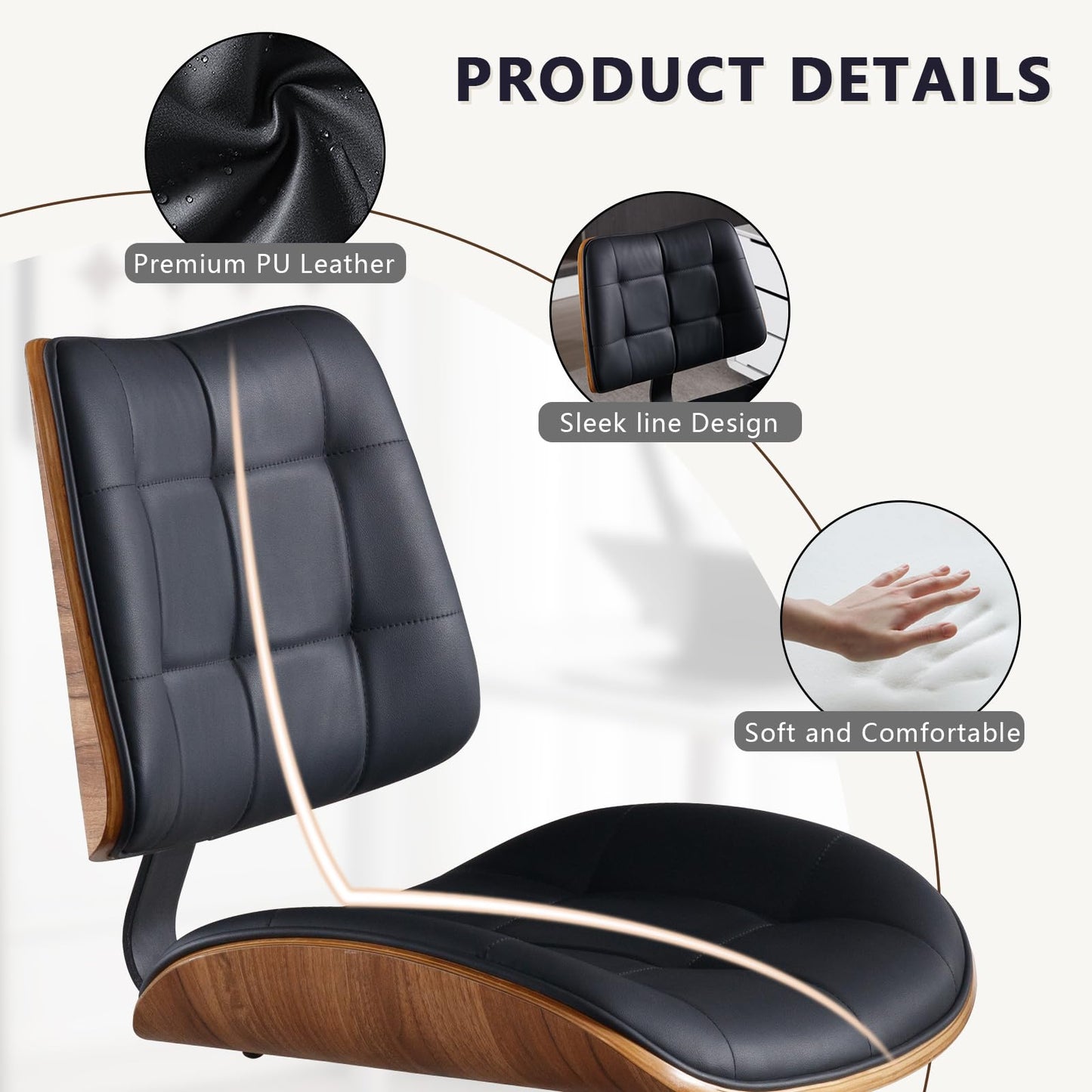 BERYTH Home Office Desk Chair with Wheels, Adjustable Height Armless Office Chair, PU Leather Mid Back 360° Small Computer Chair, Modern Walnut Chair No Arms for Office, Reading Meeting Room(Black)