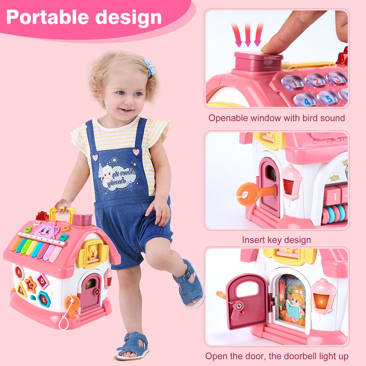 DELUTIQUE Toddler Girl Toys for 1 Year Old, Montessori Toys for 1 Year Old Girl Birthday Gift, 8 in 1 Pink Baby Musical Learning House with Sound Light Music, Creative Gifts for Baby 12 18 Months