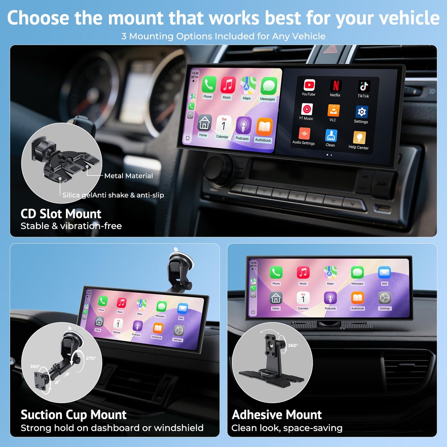 Wonsidary 11.26" Wireless CarPlay Screen for Car,Portable CarPlay & Android Auto Screen,1080P Backup Camera,Split-Screen,Dual Bluetooth,Navigation & Voice Control,Support OTA,for All Vehicles