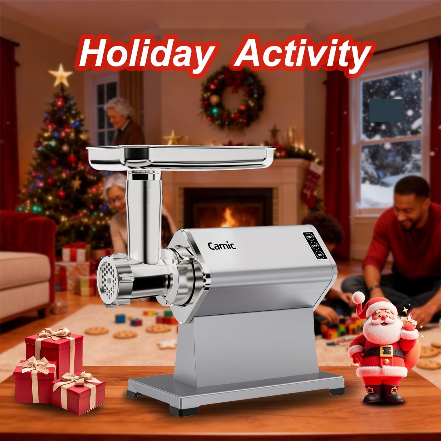 Camic Electric Meat Grinder - 300W Sausage Stuffer for Home Kitchen Use Meat Mincer with Stainless Steel 3 Plates, 1 Blade, Sausage Tube, Kubbe Maker