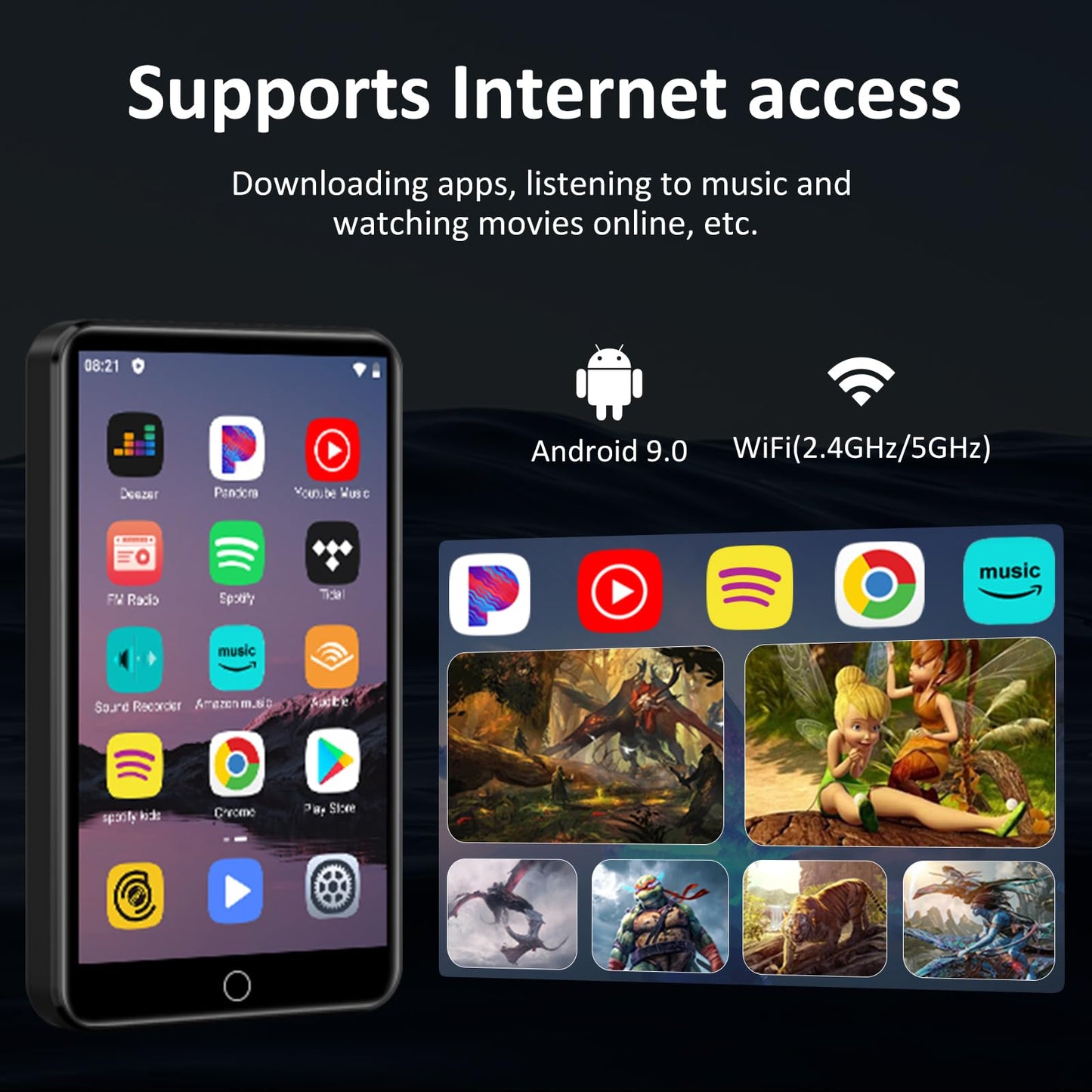 80GB MP3 Player with Bluetooth and WiFi, 4-inch Touch Screen mp3 Players with Bluetooth ， with Spotify, SpotifyKids, Audible, Andora, Amazon Player, MP4&MP3 Player up to 1TB (Black) (Black)
