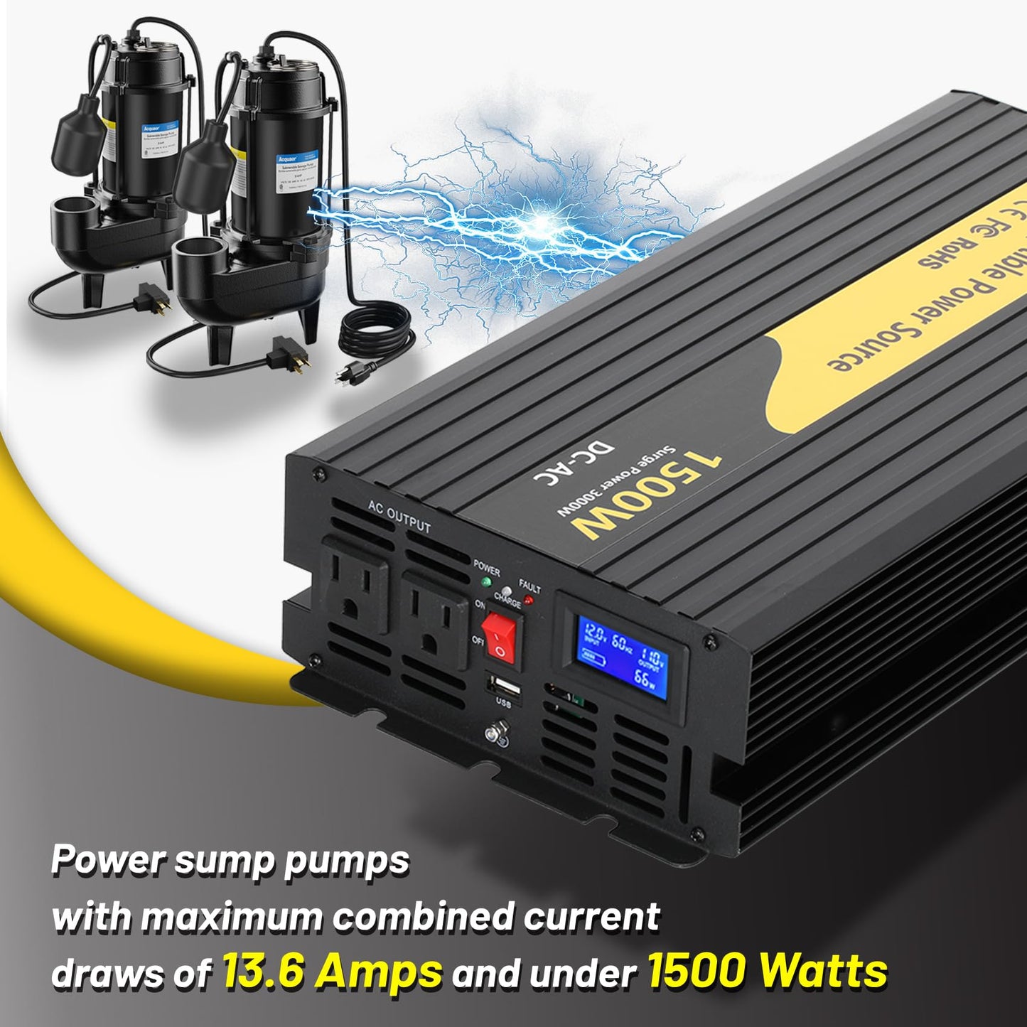 Miumoon 1500W Primary Sump Pump Backup System, Basment Protection Backup Inverter, Black, LCD Display, Auto Switches for Continuous Sump Pump Operation, Basement Emergency and Power Outage Backup