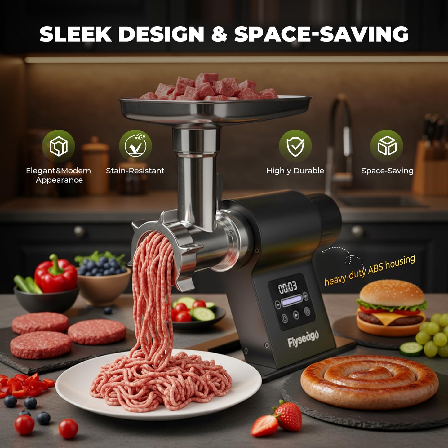 Flyseago Meat Grinder Electric 3200w Commercial Touch LCD Screen Heavy Duty Metal Gearbox Meat Grinder with Timing and Sausage Stuffers, Kubbe Kit for Household Use & Commercial