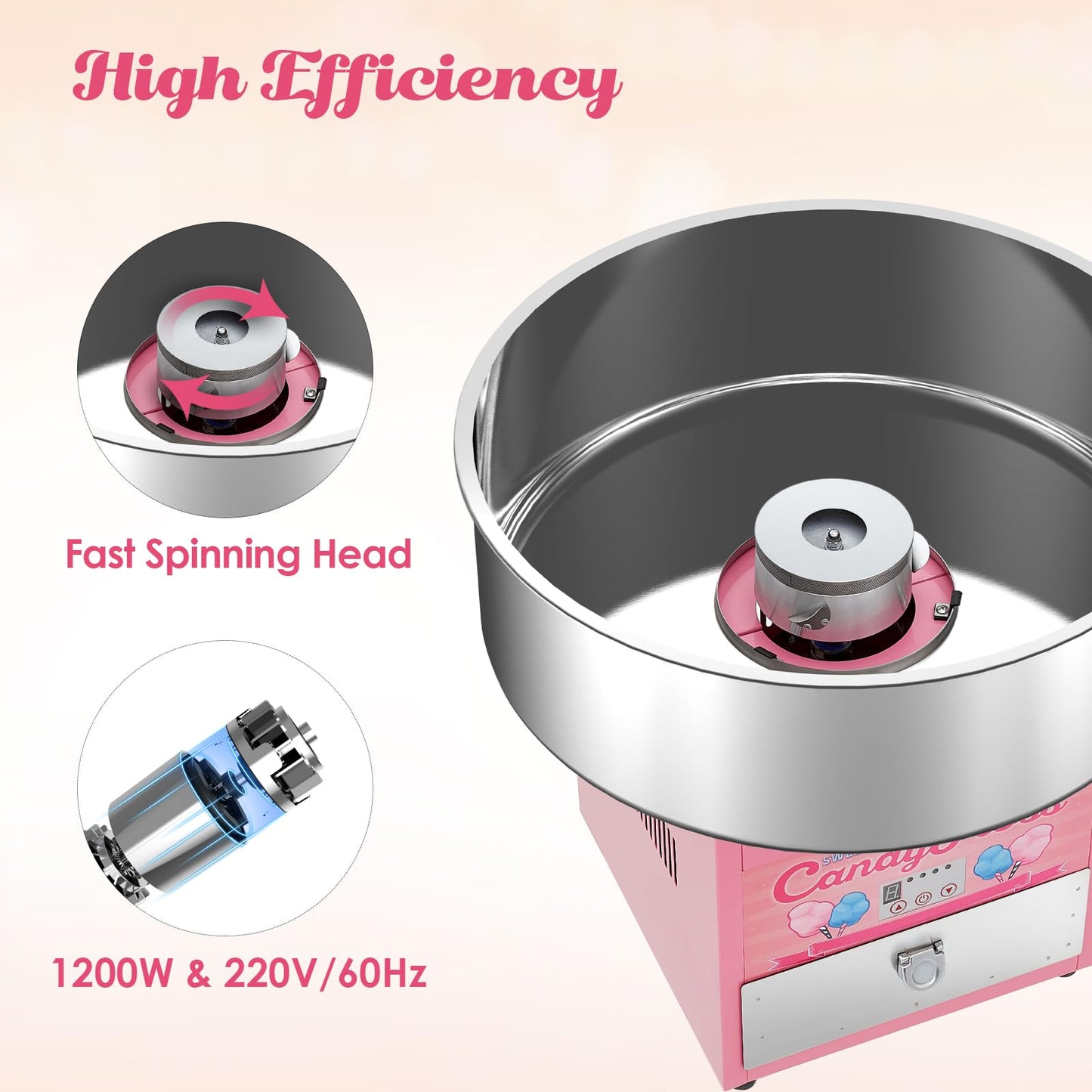 Garvee Cotton Candy Machine Commercial, Electric Cotton Candy Maker for Kids with 20 in Stainless Steel Bowl for Family, Party, Amusement Park, Carnival- Pink