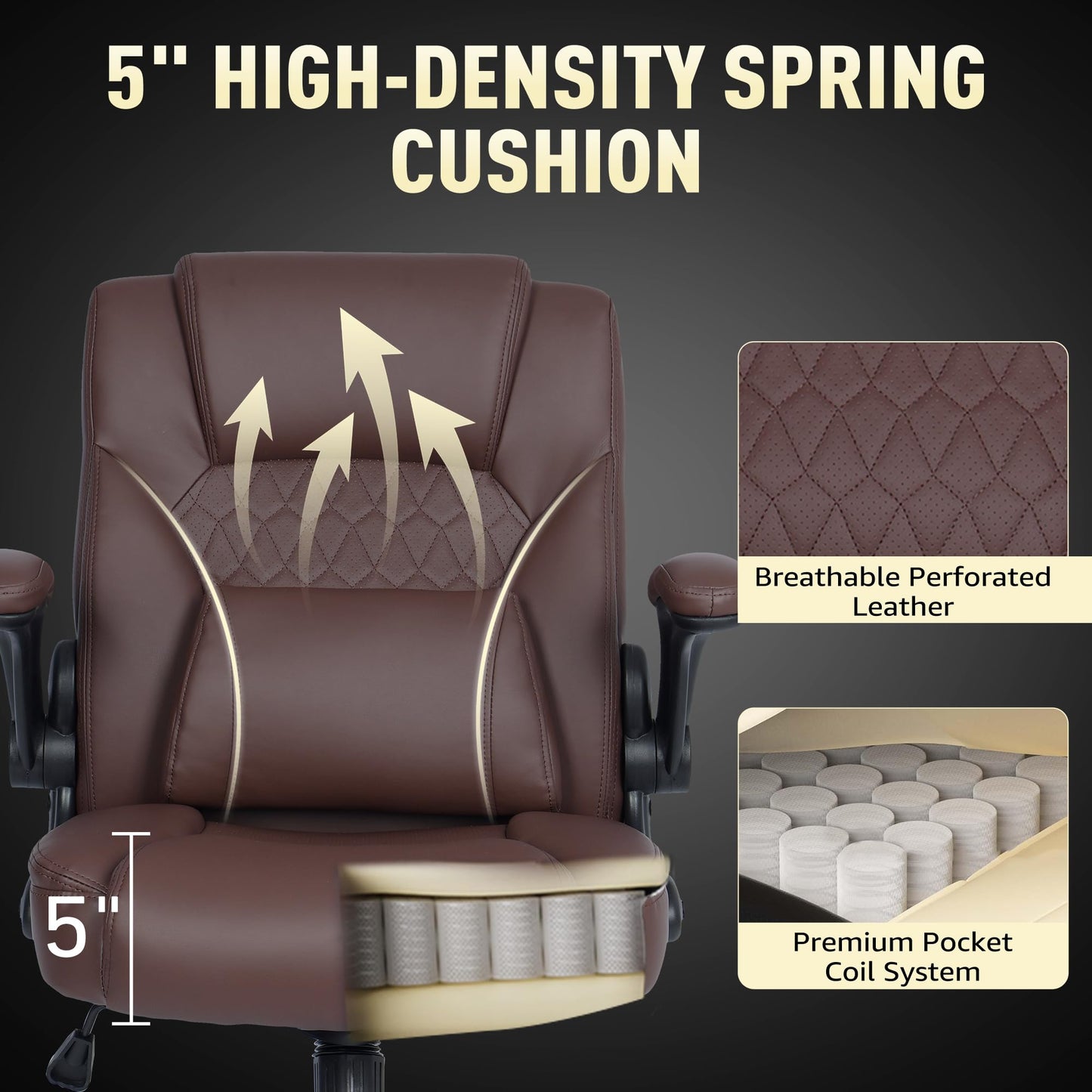 EGSEAT Home Office Chair with Lumbar Support, 5" Thickened Seat, Small PU Leather Rocking Desk Chair, Comfy Computer Chairs with Rolling Wheels & Adjustable Armrests for Adults, Brown