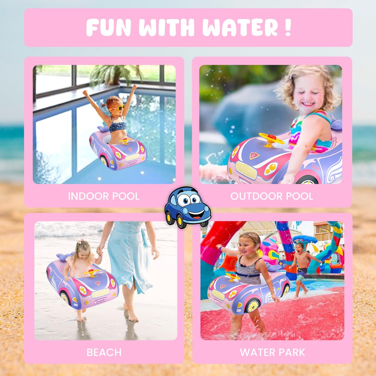 Baby Pool Float 3D Car Baby Floaties for Toddlers 12-48 Months Heavy Duty Infant Swim Float Toddlers Pool Floats Kids Swim Floaties Swimming Pool Floats for 1-4 Years Toddler Floaties for Boys & Girls