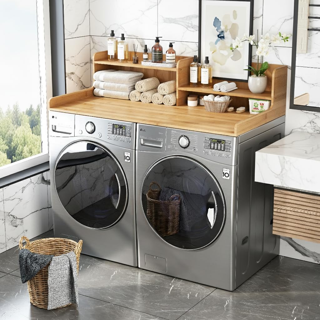 Wisuce Essentials 2-Tier Washer and Dryer Countertop w 54" W x 27.5" D Laundry Countertop Cover with Non-Slip Pad,Large Space Laundry Topper for Folding Clothes Over Washer and Dryer-White (Nature)