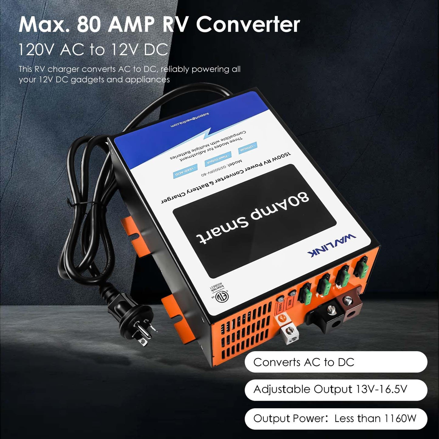 WAVLINK 80 Amp RV Power Converter, 120V AC to 12V DC Battery Charger with 3 Smart Charging Modes, 13V-16.5V Adjustable Operating Range, Multi-Stage Charging
