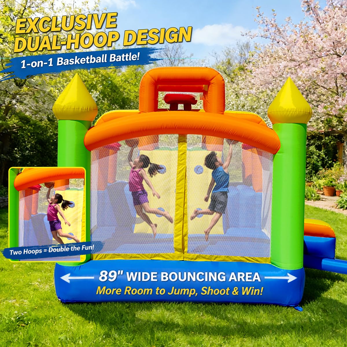 Umbalir 19x13FT Water Slide with 3 Climbing Walls, Jumbo Pool, Water Park with 2 Stair-Steps & Back Rock Wall, 2 Overhead Sprinklers & Water Cannon, 99" Long Slide, Multi-Kid Racing Bounce House