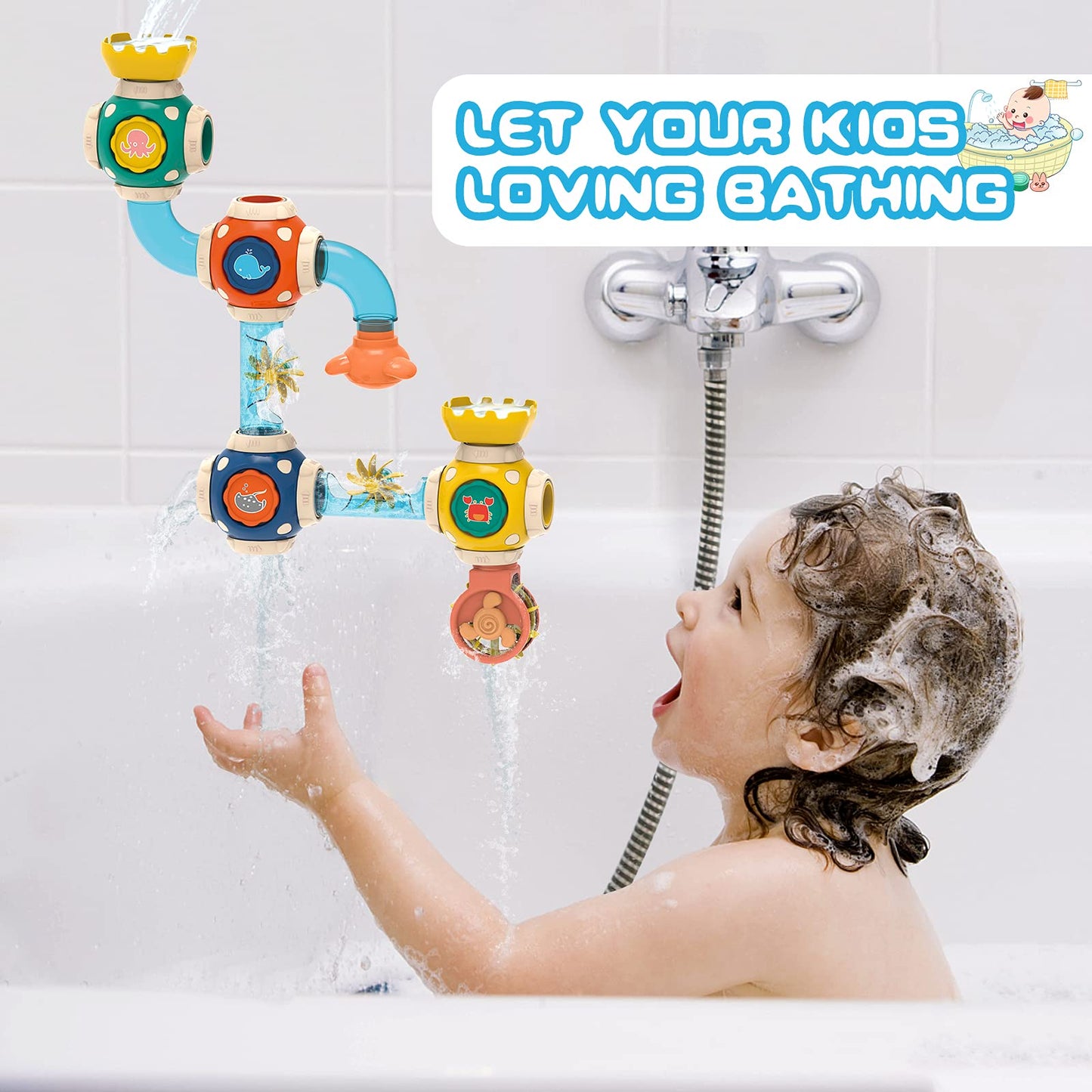 ZWYOIUG Bath Toys, STEM Baby Bathtub Toy with DIY Pipe Tubes, Cubes,Spoon, Lovely Cute Bathroom Time Spray Waterfall Shower Toy, Suitable for Toddlers Boys Girls 3 Years and up