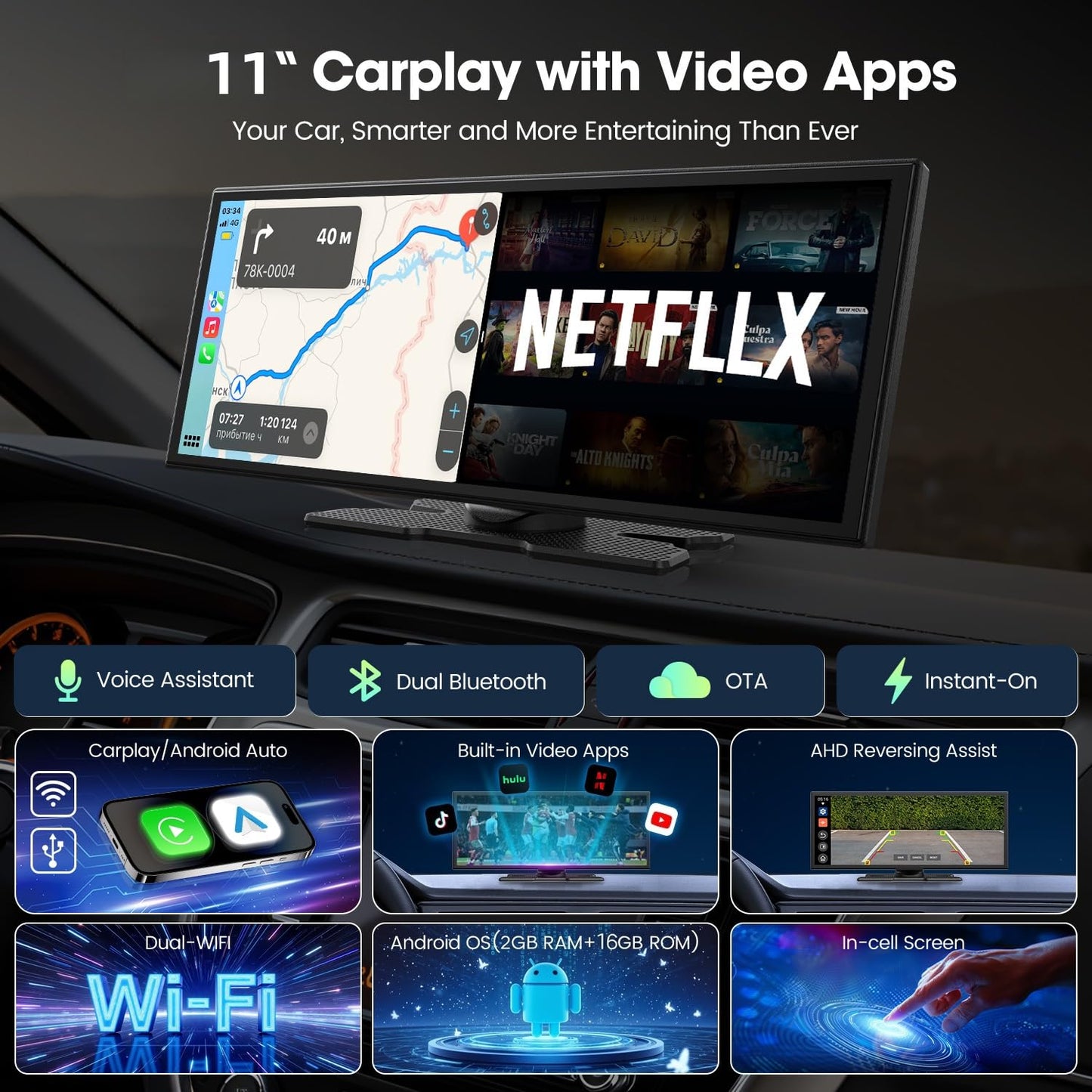 LAMTTO Upgraded 11'' Wireless Carplay Screen with Net-Flix YouTube Apps and Backup Camera Built-in Entertainment Video Box Navigation Voice Assistant for iOS 10+ Android 11+