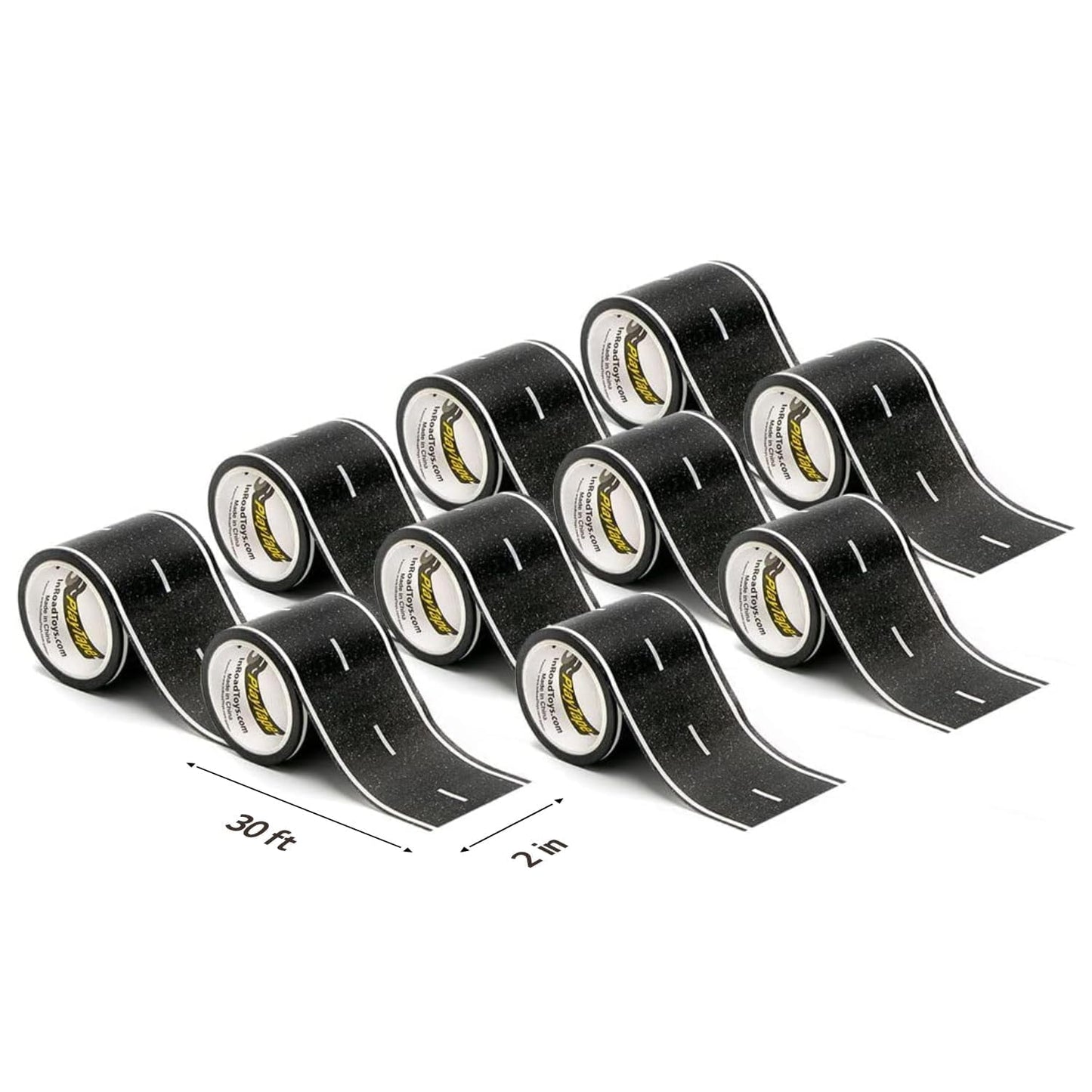 PlayTape Road Tape for Toy Cars - No Residue, Great Travel Toy; 10-Pack of 30 ft. x 2 in. Asphalt Road
