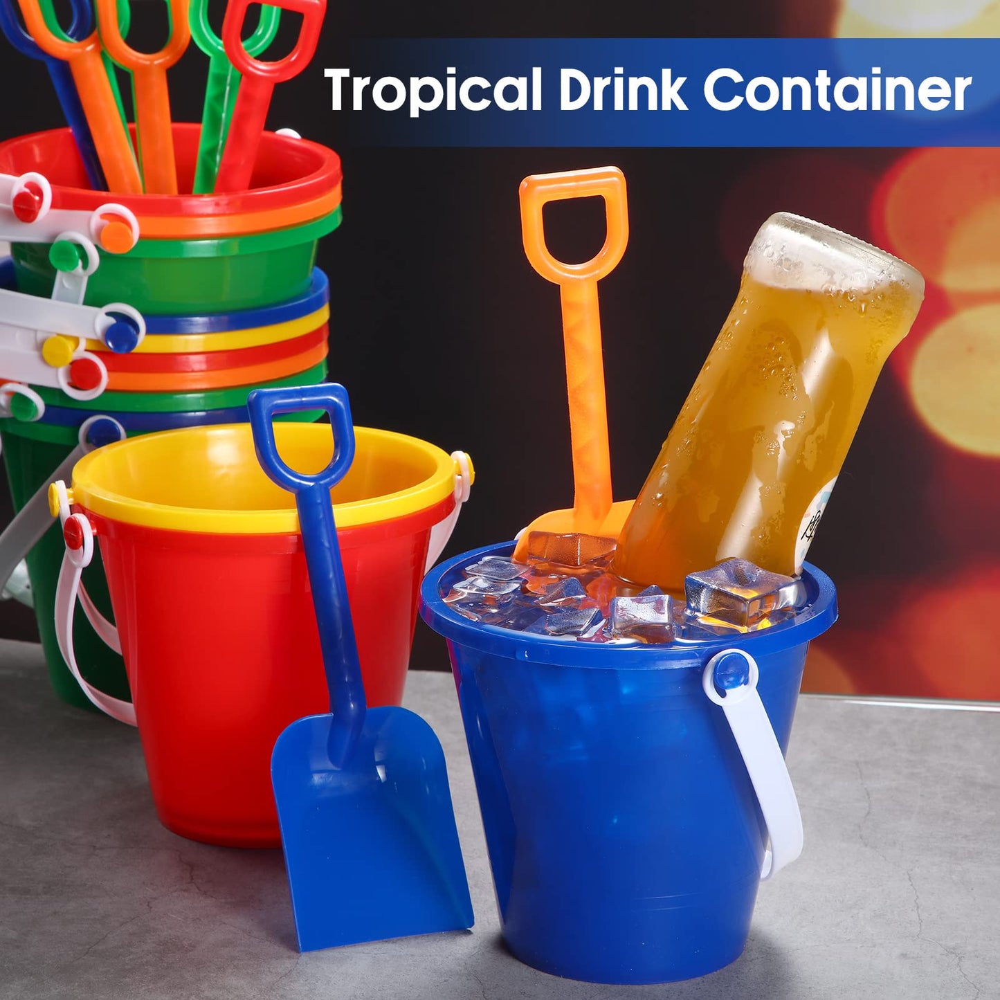 Woanger Set of 36 Beach Pails, Buckets and Shovels - 5 Inch Sand Play Set - Colorful Plastic Beach Buckets - Sand Castle Kit for Boys and Girls Birthday Party Favor