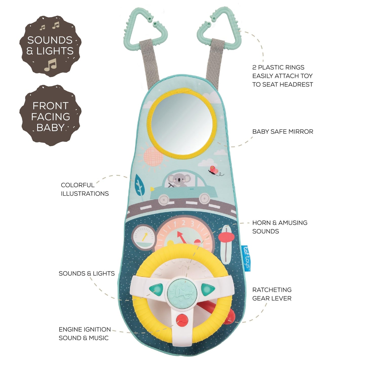 Baby Car Seat Toys for Infants with Mirror, Carseat Toys Steering Wheel with Music Lights & Driving Sounds Car Seat Toy for Babies 6 to 12 Months