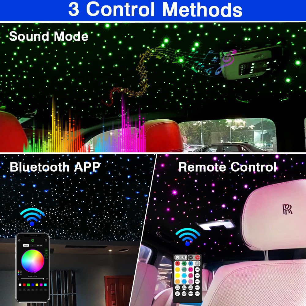 FIREWORK Starlight Headliner Kit, Fiber Optic Lights 10W RGBW Twinkle+Music Sync Effect+APP+Remote, 550pcs 13.1ft/4m 0.03in/0.75mm Fiber Cable for Star Lights for Car/EV & Home Theater Ceiling
