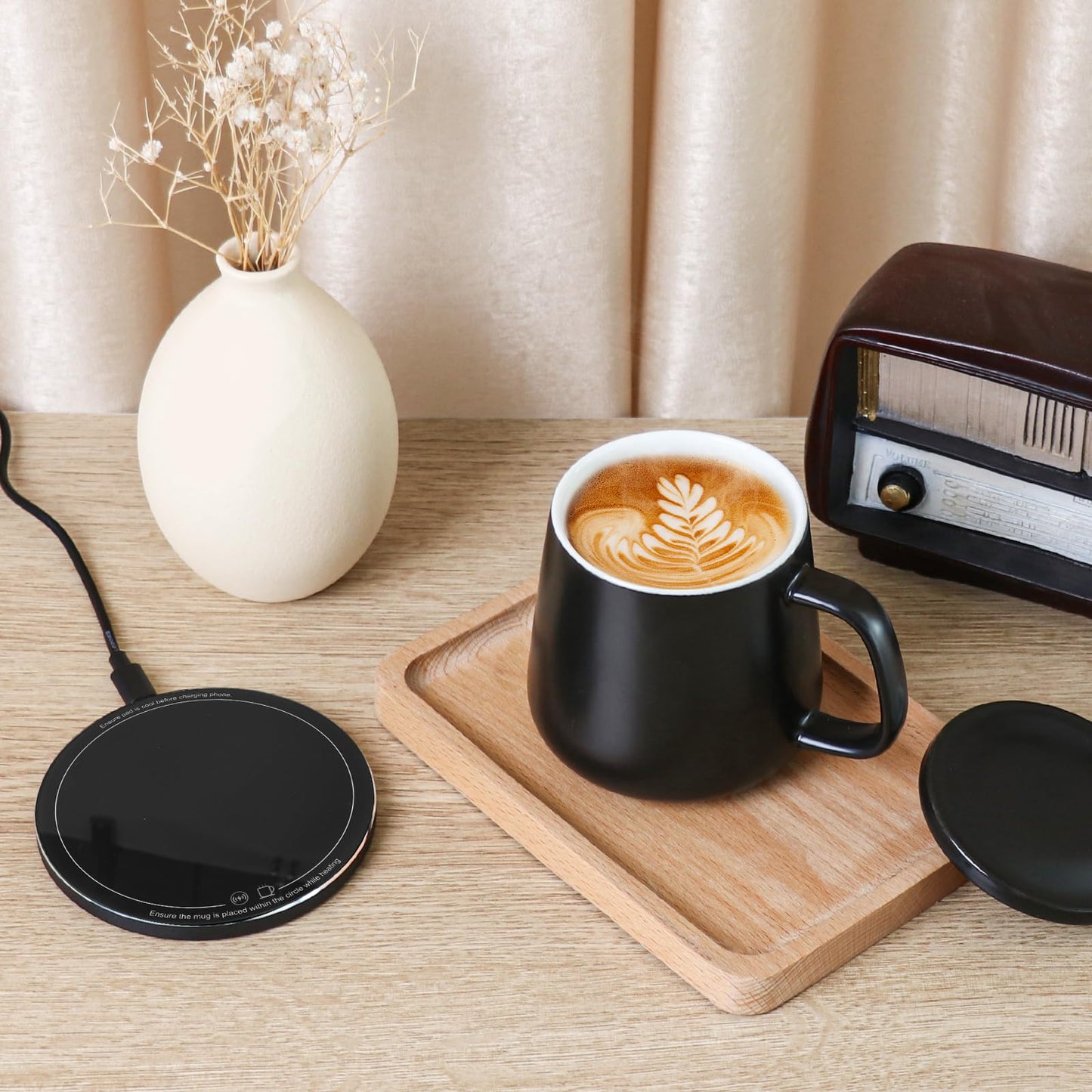 APEKX Warm Cup Coffee Mug Warmer Set - Smart Stable Constant Temperature 131°F, 15W Wireless Charging, 12.8 oz Capacity - Supports USB-C Interface, Automatic Power On/Off Function (4 H). (Black)