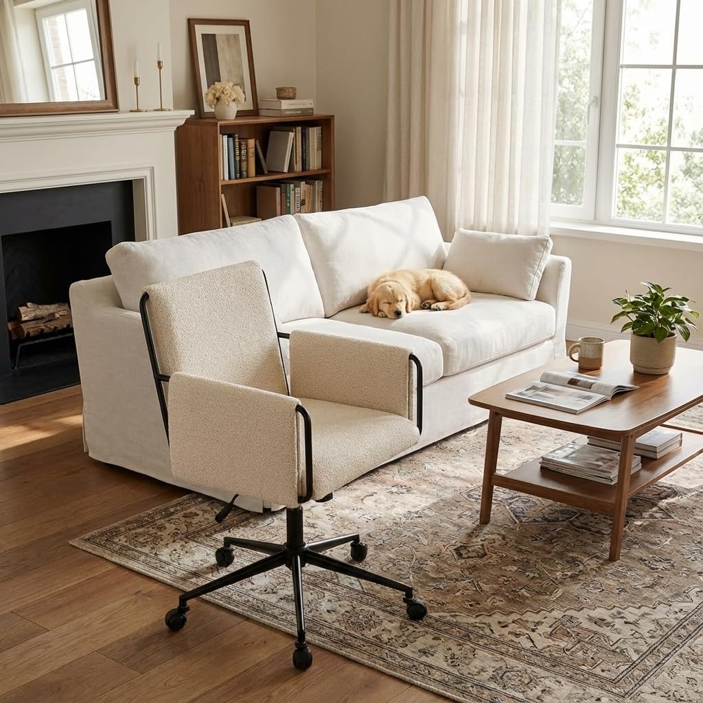 YOUNIKE Wide Seat Home Office Chair, Modern Desk Chair with Comfy Back & Thick Cushion, Fabric, Metal Base, Height Adjustable, Swivel Rolling Task Chair with Wheels for Study/Vanity/Bedroom, Beige