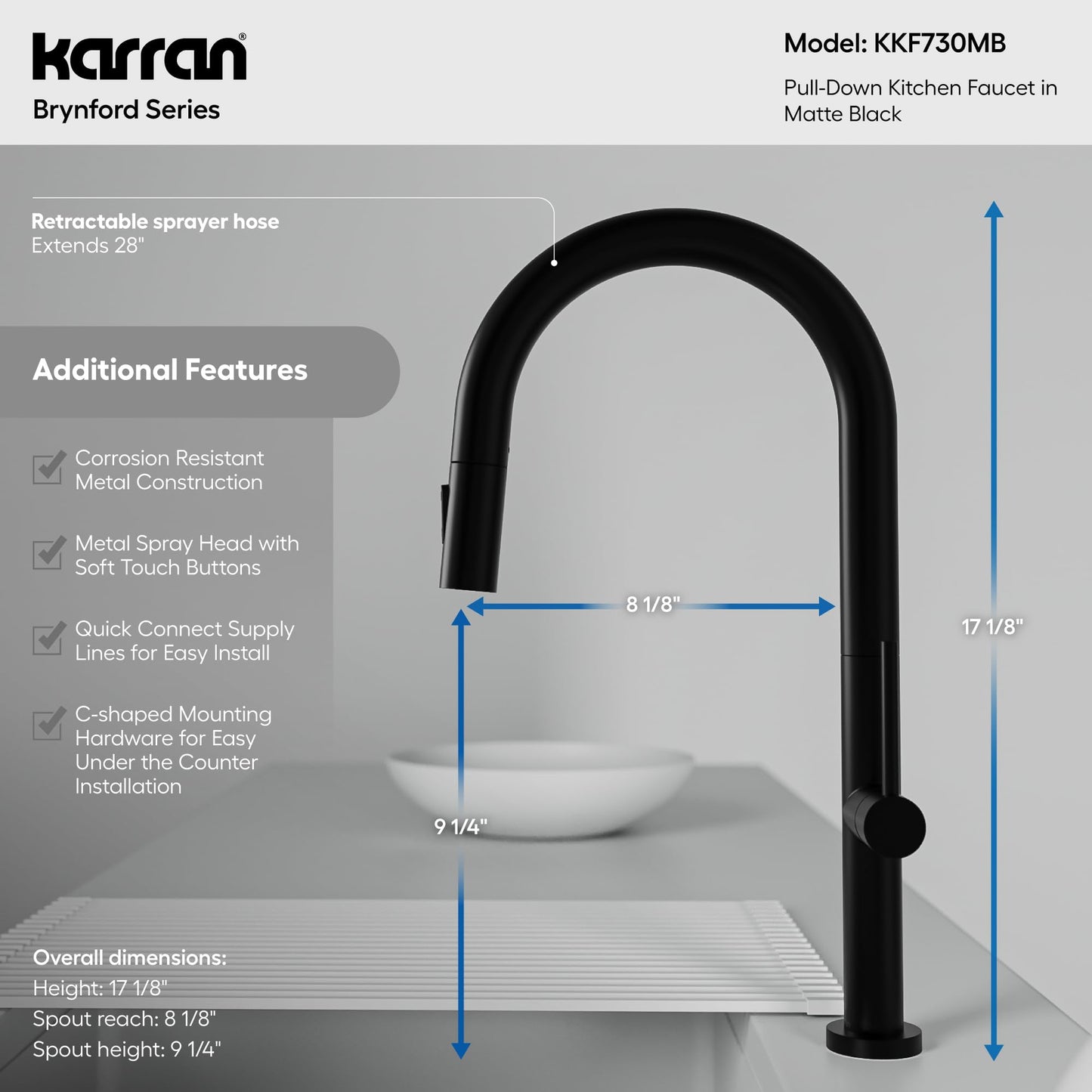 Karran Brynford Matte Black Pull-Down Kitchen Faucet, Single Handle High-Arc Design, 2-Function Spray Head, Modern 25mm Thin Profile, 26½″ Braided Retractable Hose