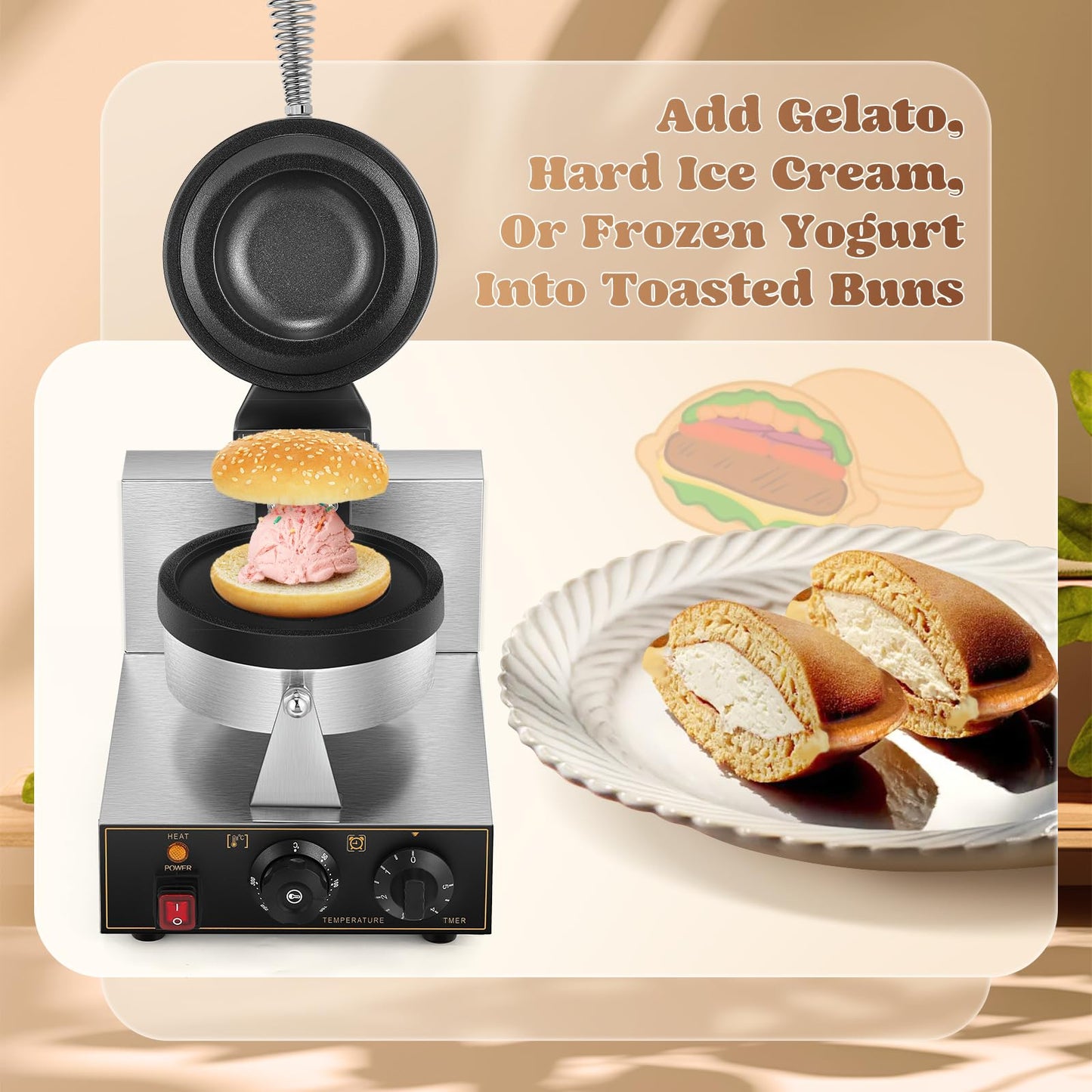 Moongiantgo UFO Burger Waffle Maker, Ice Cream Filling Burger Machine With 0-5 Time & 50-300℃ Temp Control, Double-Sided Heating Hamburger Maker Non-Stick Gelato Panini Press For Home Kitchen (110V)