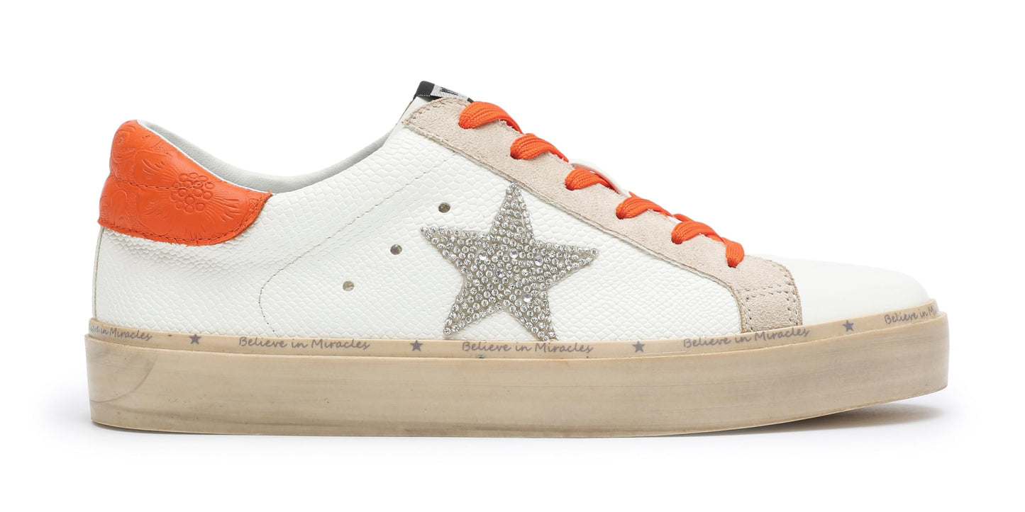 Mi.iM Gaby Rubber Sole Lace-up Snake Print Suede Star Sneakers (White Orange, US Footwear Size System, Adult, Women, Numeric, Medium, 6)
