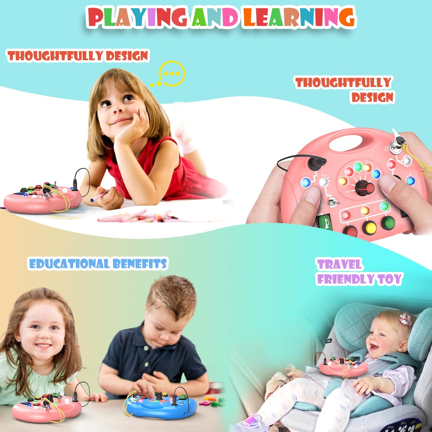 JIWORT Montessori Busy Board with LED Light for Toddlers 2-4 Year Old, Sensory Toys with Sounds & Switches, Car Driving Travel Toys for Kids, Preschool Busy Book Boy and Girls Birthday Gifts (Pink)