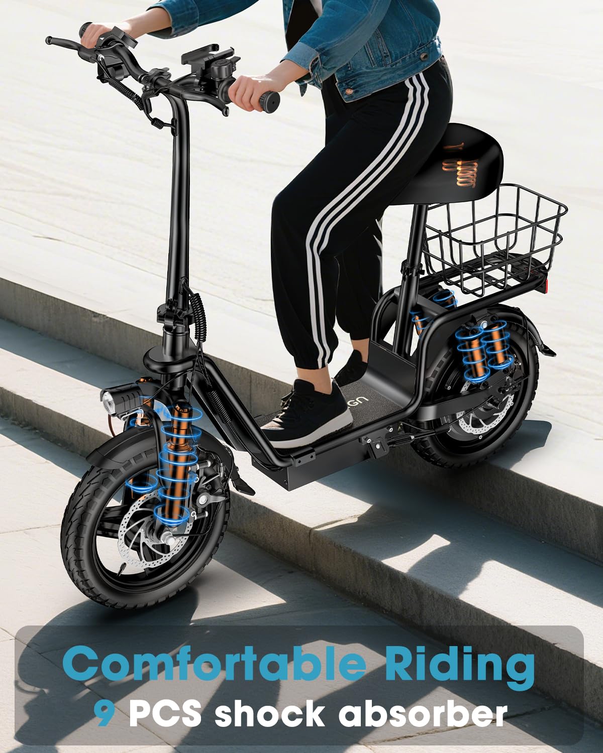 INSDRGN Peak 900W Electric Scooter for Adults with Seat, 48V 10.4Ah Li Battery, 28 Miles Range, 20MPH Commuter E-Scooter with Basket, Max 330LBS, UL2849 Certified, C14 Black