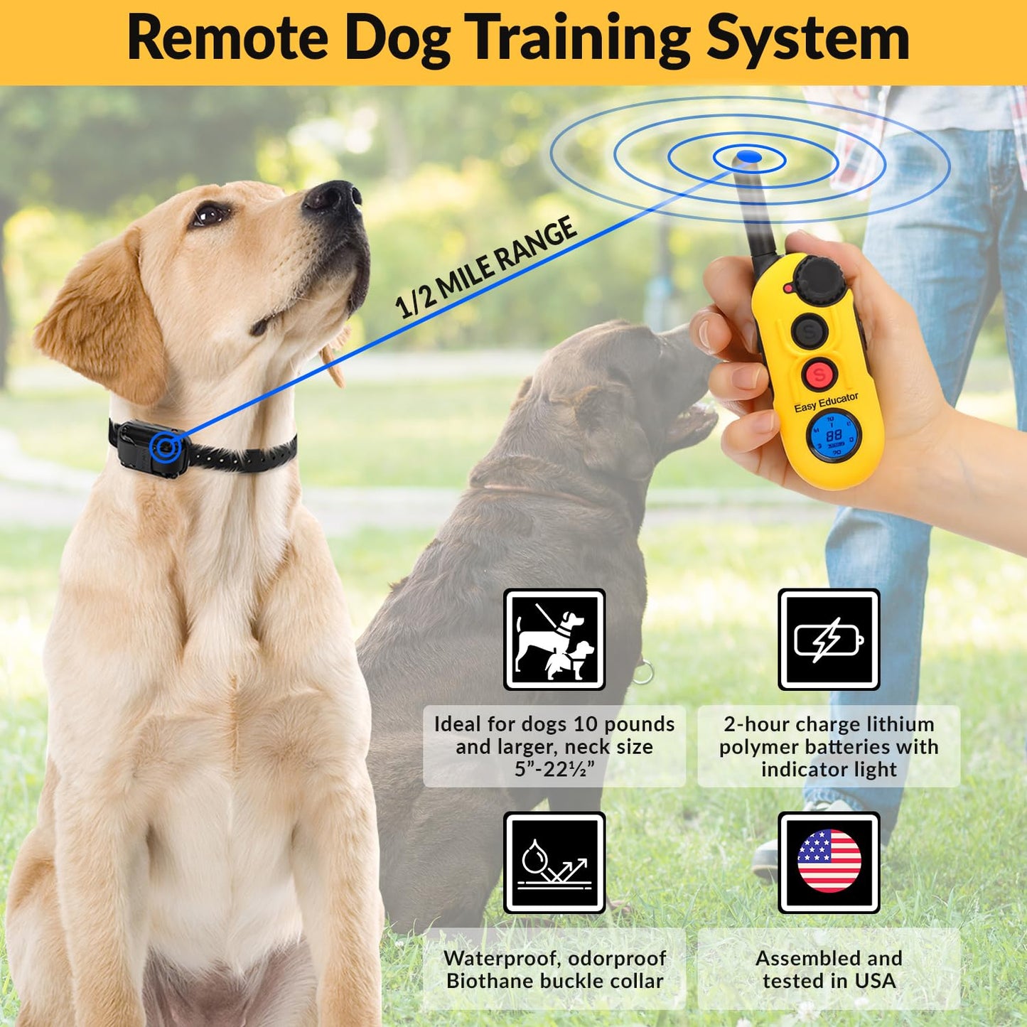 Educator EZ-900 1/2 Mile Dog Training Collar with Ergonomic Remote–Humane Vibration Stimulation & Pavlovian Tone–Waterproof, Rechargeable, Biothane Collar, Night Light–Small & Medium Dogs–Yellow
